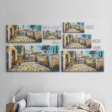 Mediterranean Village Mosaic Framed Canvas Print - Vibrant Coastal Landscape Art - Nautical Decor Living Room Rustic Wall Art