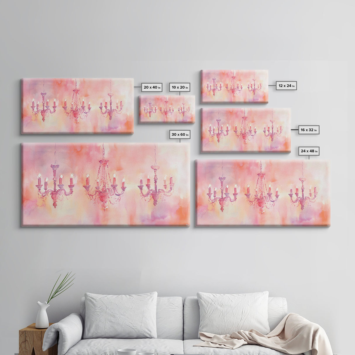 Elegant Chandeliers Canvas Print Romantic Lighting Artwork Pink Orange Wall Art Living Room Aesthetic Rustic Home Decor Artwork