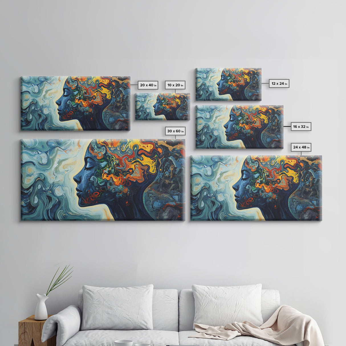 Abstract Woman Mind Framed Canvas Print - Artistic Brain Art Therapy Decor - Blue and Green Geometric Wall Art Minimalist Style