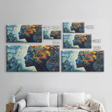 Abstract Woman Mind Framed Canvas Print - Artistic Brain Art Therapy Decor - Blue and Green Geometric Wall Art Minimalist Style