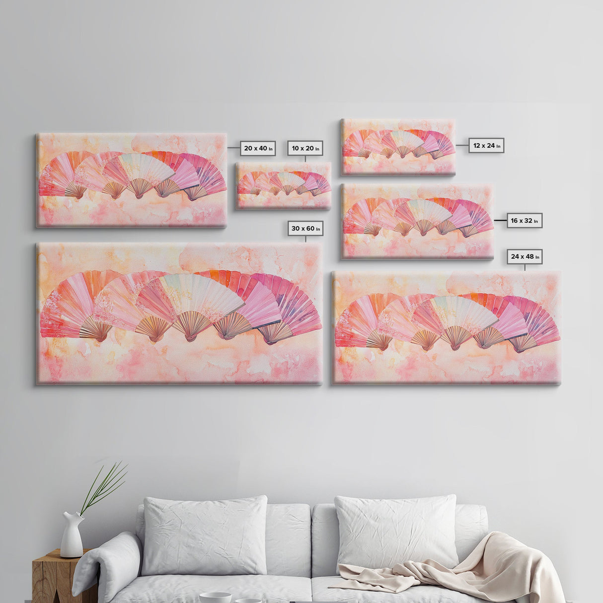 Fan Arrangement Canvas Print | Moroccan Wall Art, Chinoiserie Wall Art, Wabi Sabi Art, Light Pink Decor, Extra Wide Wall Art, Above Sofa Art