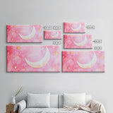 Crescent Moon and Stars Design in Pink Wall Art Style on Framed Canvas Print, Nursery or Bedroom Light Pink Whimsical Art