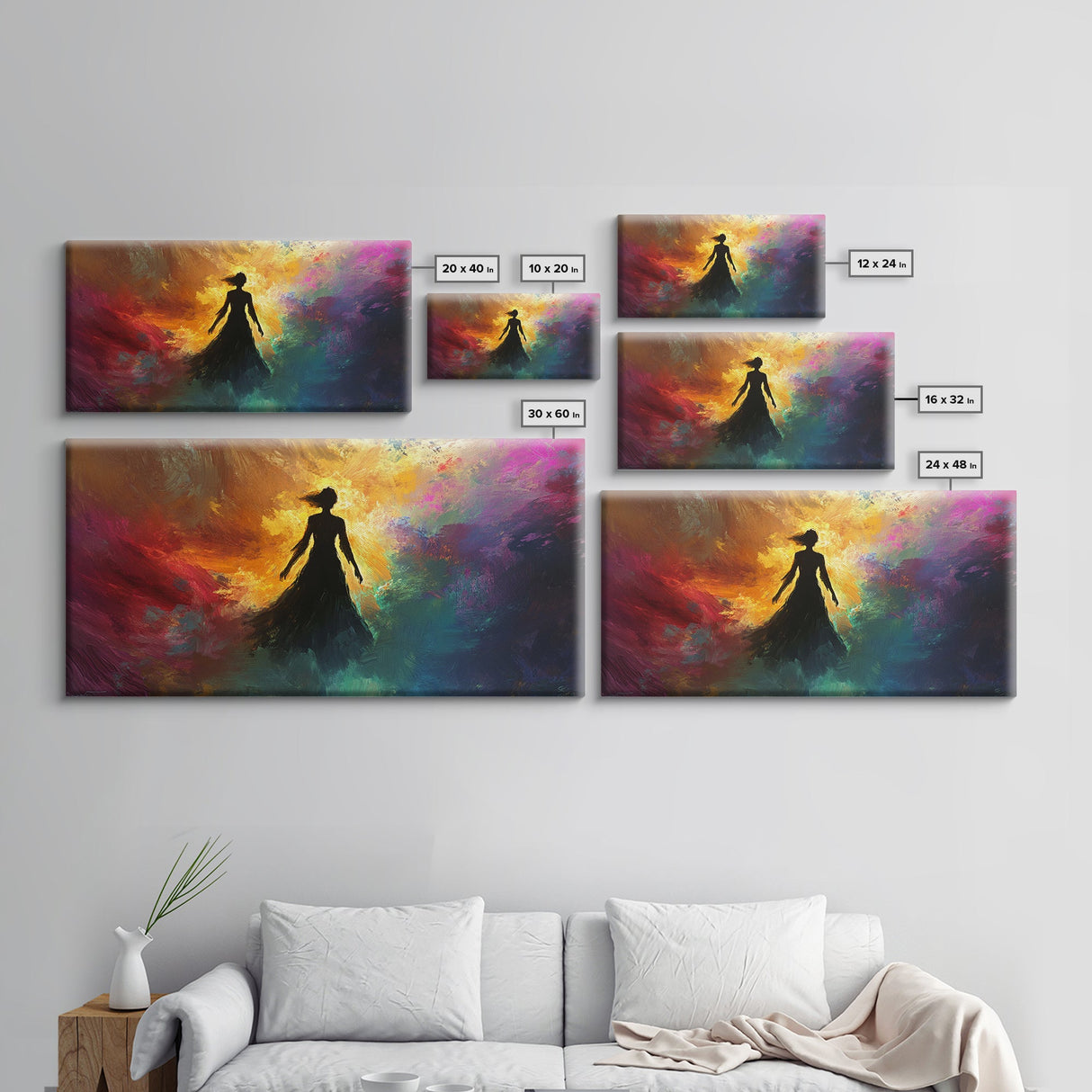 Woman Silhouette Sunset Canvas Print, Goddess Art Print, Romance Painting, Moody Woman Art, Bedroom Art, Fall Art, Vertical Wall Art