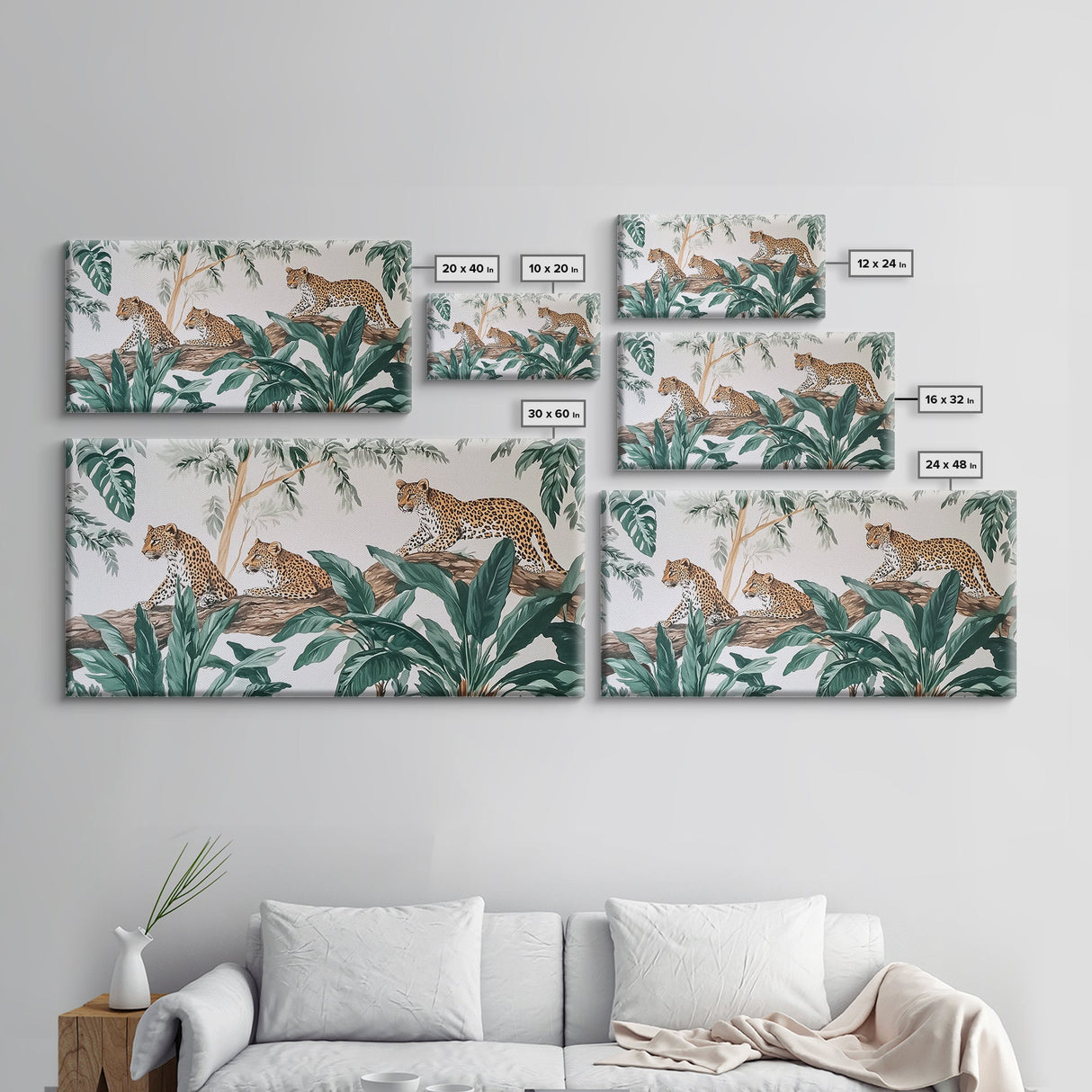 Tropical Leopard Trio Canvas Print Rustic Wall Art Botanical Jungle Decor Leopard Wall Art Above Sofa Art Gift Idea