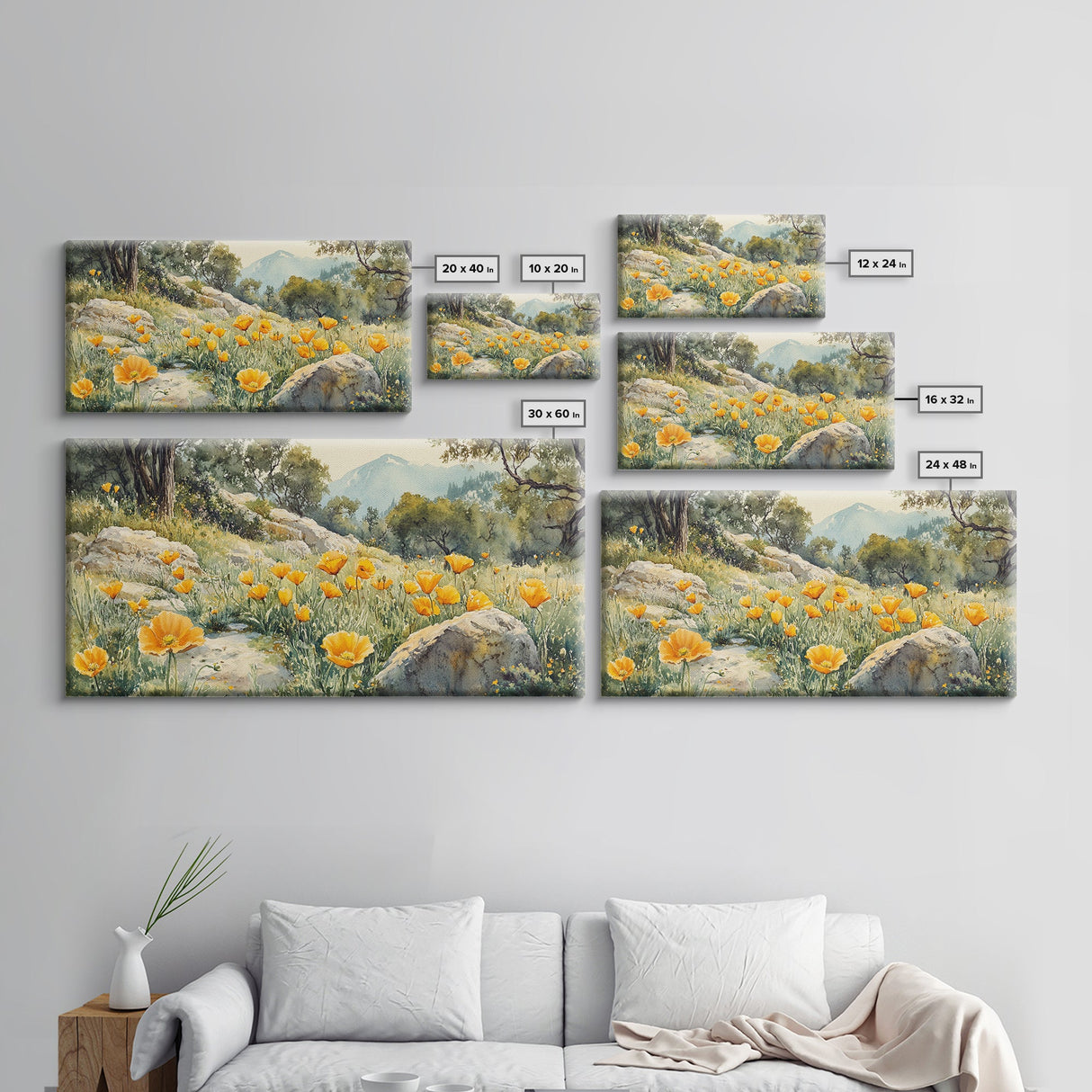 California Poppy Art Landscape Framed Canvas Print Wildflower Wall Art Rustic Decor Above Sofa Living Room Art Gift Idea