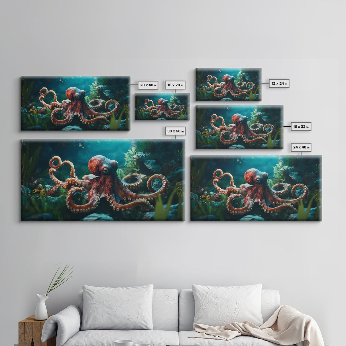 Majestic Octopus Framed Canvas Print, Coastal Decor Wall Art, Marine Wildlife Painting, Ocean Life Nautical Theme, Rustic Home Art