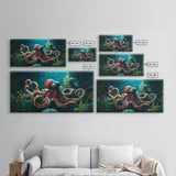 Majestic Octopus Framed Canvas Print, Coastal Decor Wall Art, Marine Wildlife Painting, Ocean Life Nautical Theme, Rustic Home Art
