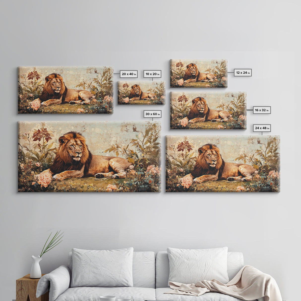 Regal Lion in Wildflowers Framed Canvas Print, Safari Wildlife Painting, African Rustic Wall Art, Boho Nature Decor, Animal Kingdom Art
