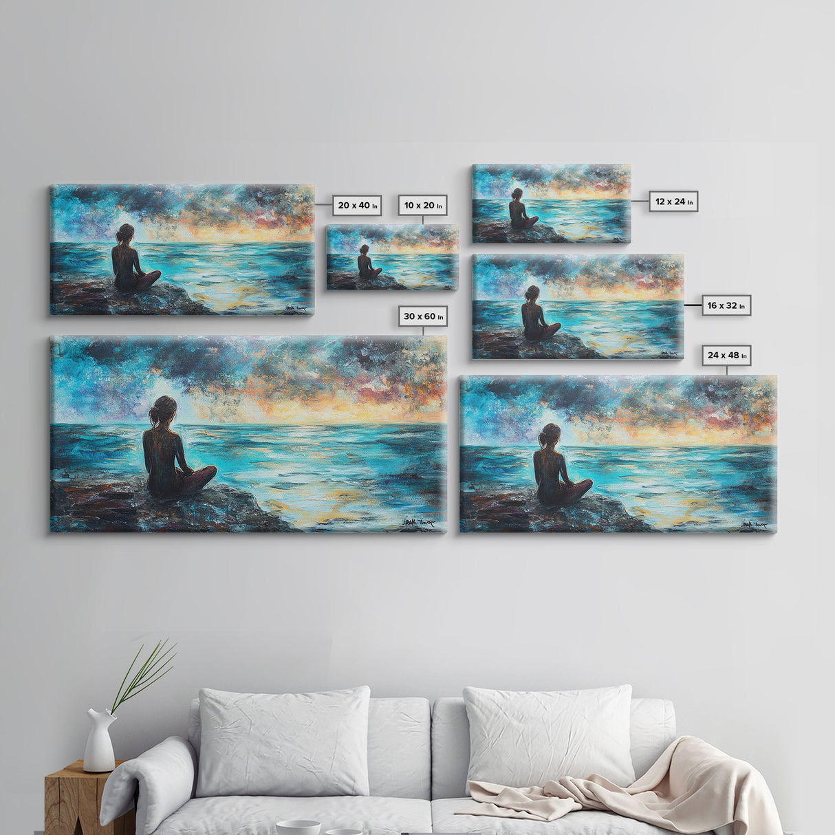 Woman Meditating Coastal Sunset Framed Canvas Print Yoga Art Nautical Wall Art Bedroom Decor Perfect Gift Idea Coastal Cowgirl Artwork