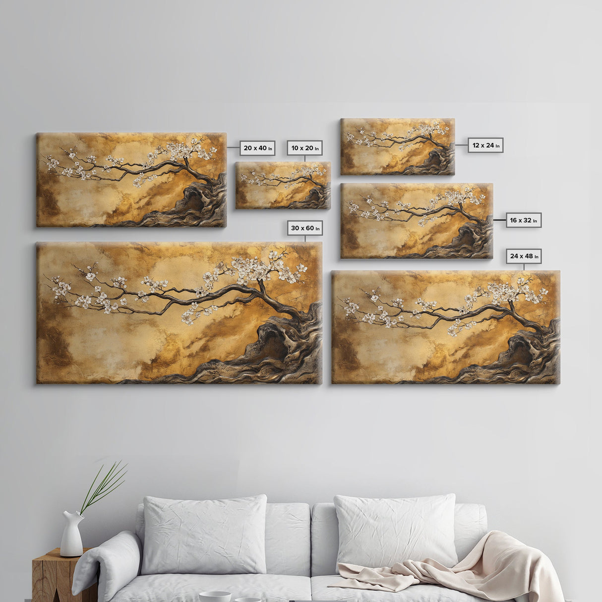 Framed Canvas Print of Golden Cherry Blossom Art in Chinoiserie Style with Metallic Details, Elegant Botanical Wall Art Gift