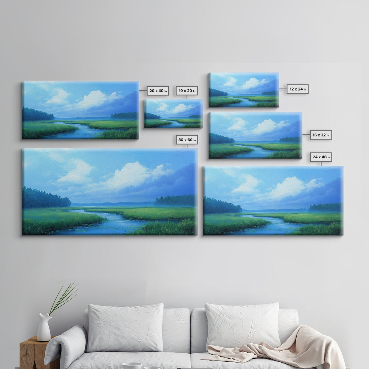 Marshland Panoramic Canvas Print, Coastal Landscape Art Bedroom Decor, Rustic Wall Art Living Room Gift, Nautical Horizontal Artwork