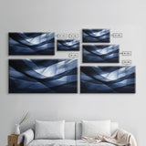 Flowing Blue Abstract Framed Canvas Print, Minimalist Geometric Wall Art Above Sofa Decor, Moody Panoramic Artwork Gift Living Room