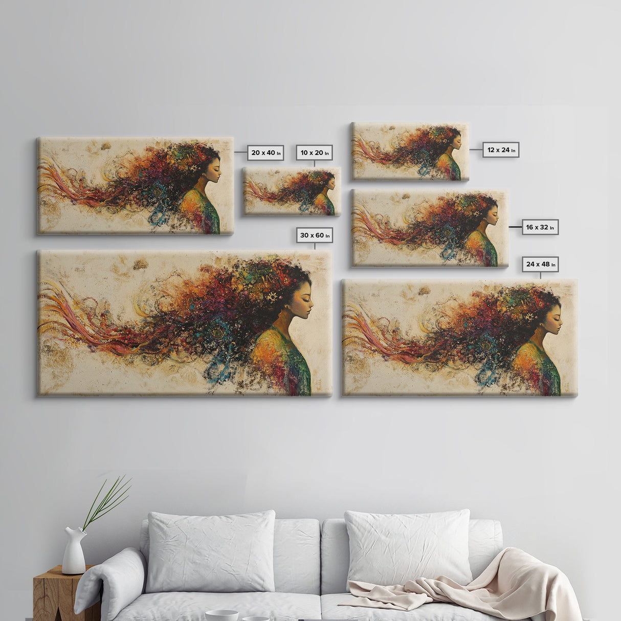 Vibrant Female Silhouette Framed Canvas Print, Whimsical Art, Afrocentric Wall Art, Angel Art Prints, Bedroom Art, Chinoiserie Wall Art