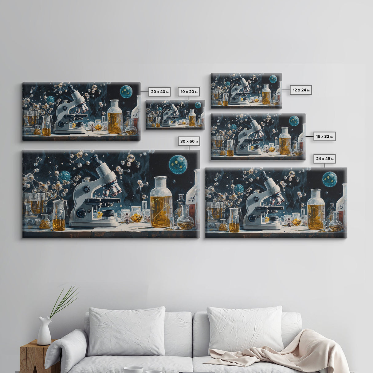 Science Art Framed Canvas Print, Microscope Molecular Wall Decor, Unique Therapy Art, Coastal Modern Living Room Art Gift Idea