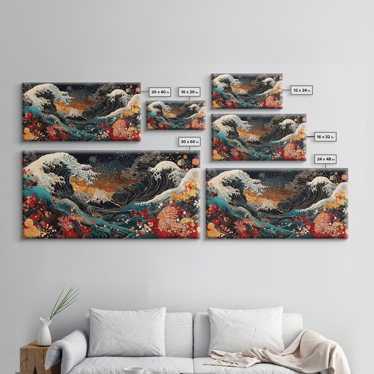 Ocean Waves Framed Canvas Print, Japanese Inspired Coastal Wall Art, Nautical Decor, Coastal Landscape Art, Extra Wide Panoramic Art