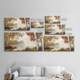 Golden Autumn Mist Canvas Print Featuring Birch Tree Painting and Moody Art Rustic Wall Art Above Sofa Art for Living Room