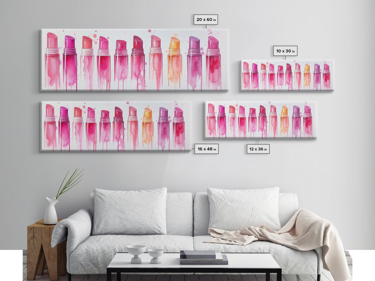 Vibrant Lipstick Shades Canvas Print, Pink Makeup Wall Art, Feminine Bedroom Decor, Whimsical Beauty Room Artwork Gift Idea