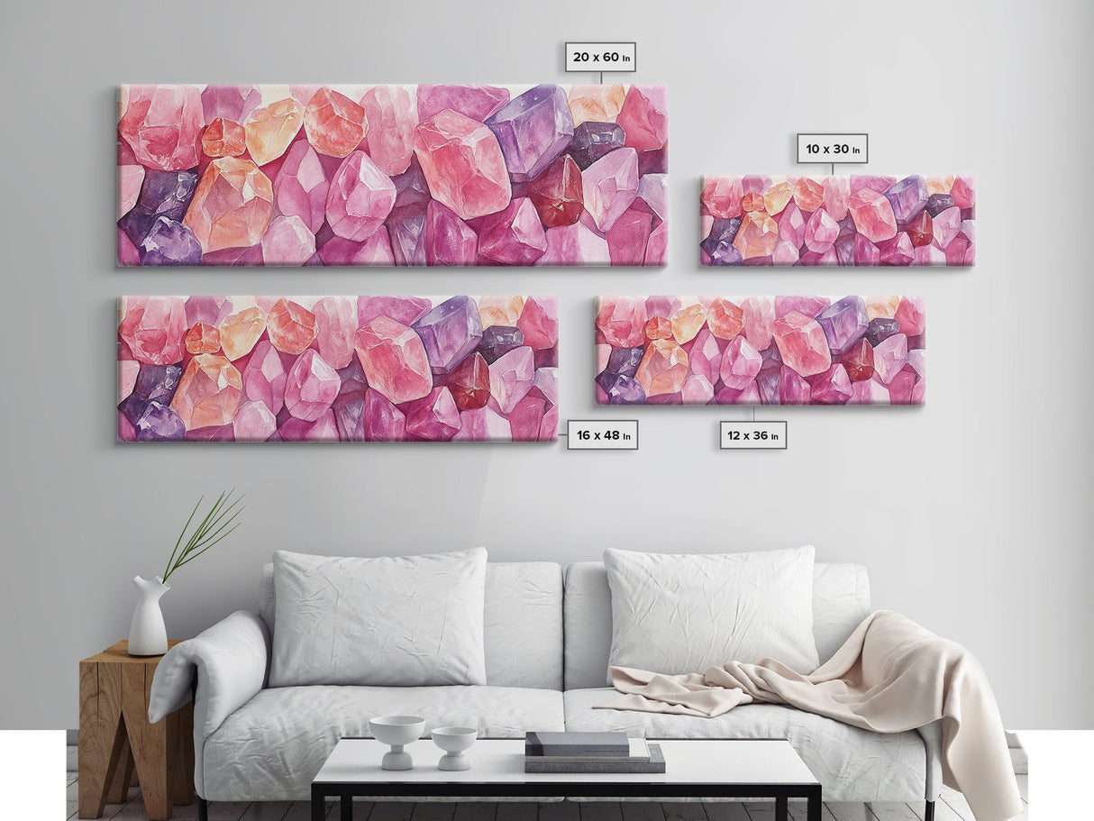 Gemstone Painting Canvas Print with Whimsical Crystal Colors, Gift Idea with Pink Orange Wall Art Accents, Boho Vertical Art