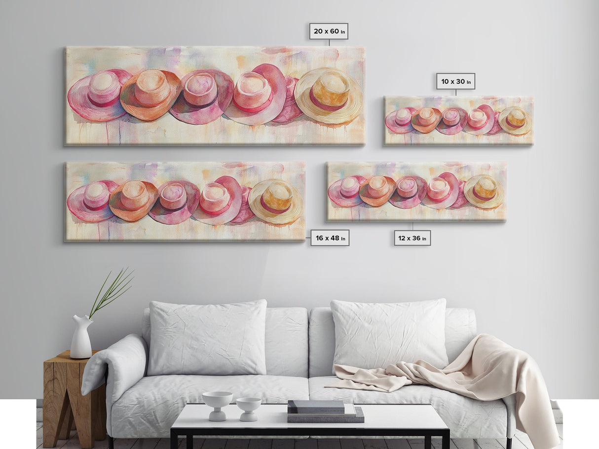 Pink Hats Wall Art Canvas Print Pearlescent Elements, Minimalist Abstract Artwork, Perfect Addition to Feminine Rustic Decor