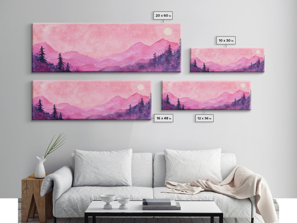Mountain Landscape Art Framed Canvas Print in Light Pink Hues with Starry Sky, Bedroom or Living Room Artwork, Rustic Decor Painting