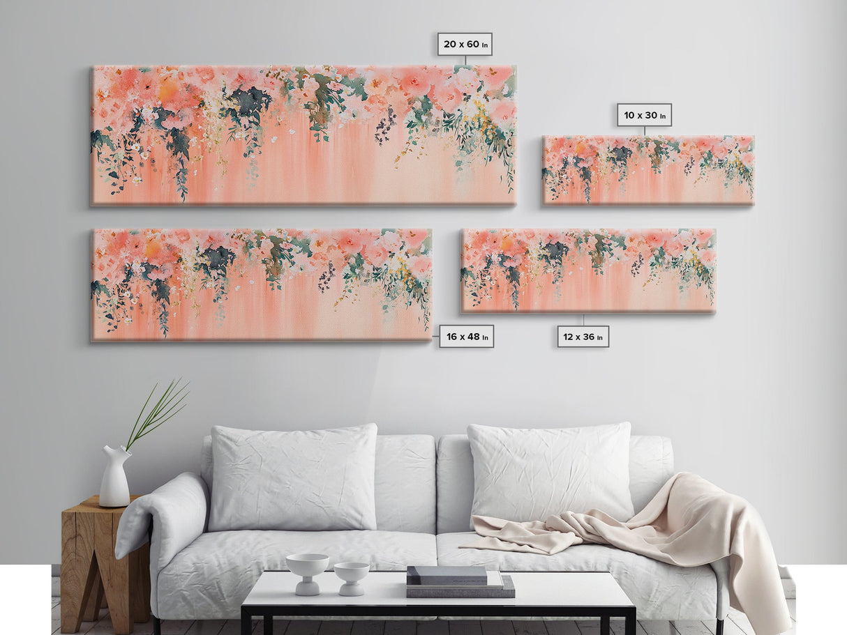 Floral Wildflower Painting Framed Canvas Print, Watercolor Botanical Prints in Peach and Green, Vertical Rustic Farmhouse Wall Art