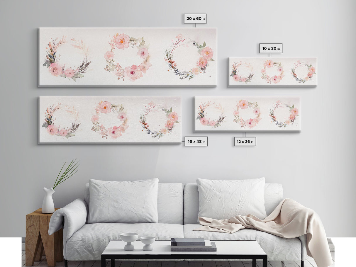 Wildflower Wreath Painting Framed Canvas Print in Pastel Pink and Green, Vertical Rustic Farmhouse Artwork, Botanical Gift Idea