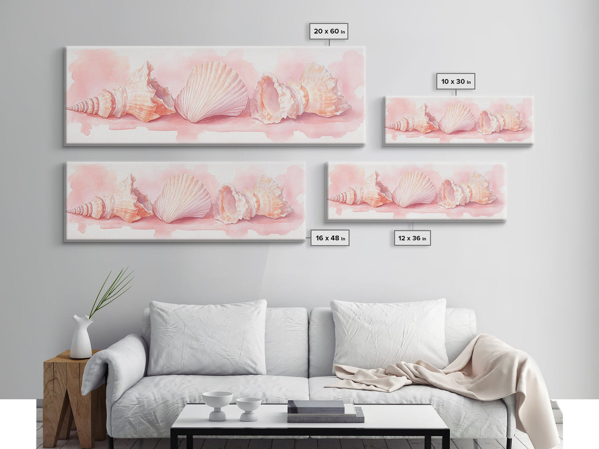 Shell Painting Framed Canvas Print Featuring Coastal Shells in Pastel Pink, Nautical Decor Idea, Horizontal Coastal Artwork