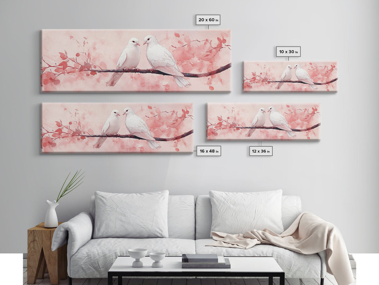 White Dove Painting on Cherry Branch, Canvas Print, Cherry Blossom Art, Bedroom Aesthetic, Whimsical Decor, Spring Wall Art Style
