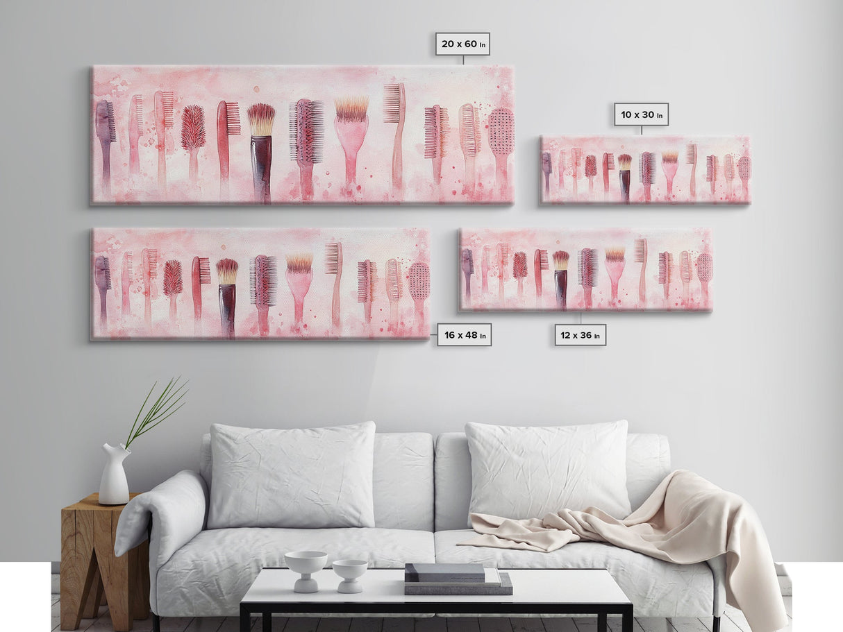 Light Pink Combs and Brushes Wall Art, Framed Canvas Print, Feminine Whimsical Art, Makeup Room Wall Art, Girly Room Decor