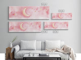 Crescent Moon with Stars Painting, Canvas Print, Light Pink Whimsical Wall Art, Nursery Aesthetic Artwork, Minimalist Cozy Decor