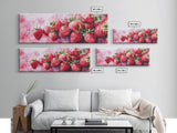 Framed Canvas Print of Bright Strawberry Botanical Prints in Pink for Rustic Kitchen Wall Art or Farmhouse Dining Room Decor
