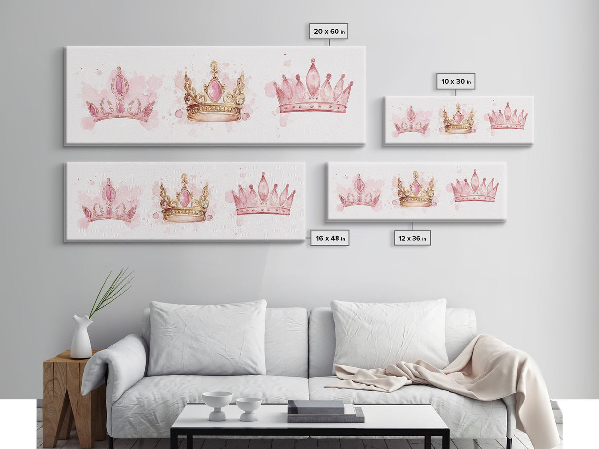 Framed Canvas Print of Elegant Crowns in Pink and Gold Perfect Gift Idea or Dorm Room Light Pink Wall Art with Royal Aesthetic