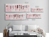 Framed Canvas Print of Makeup Brushes and Combs in Pink Ideal Gift Idea with Whimsical Art for Vanity or Beauty Room Wall Decor