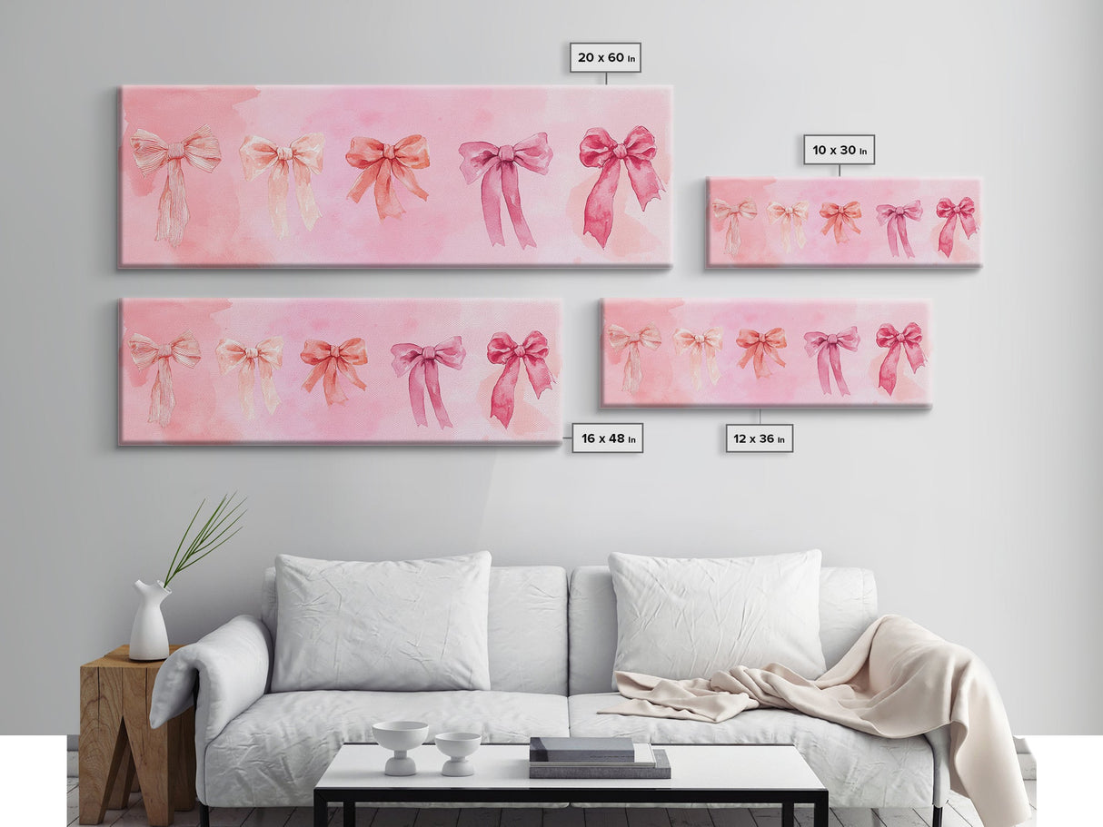 Ribbon Bow Canvas Print Light Pink Art Feminine Horizontal Wall Art Whimsical Artwork Living Room Wabi Sabi Decor Framed Print
