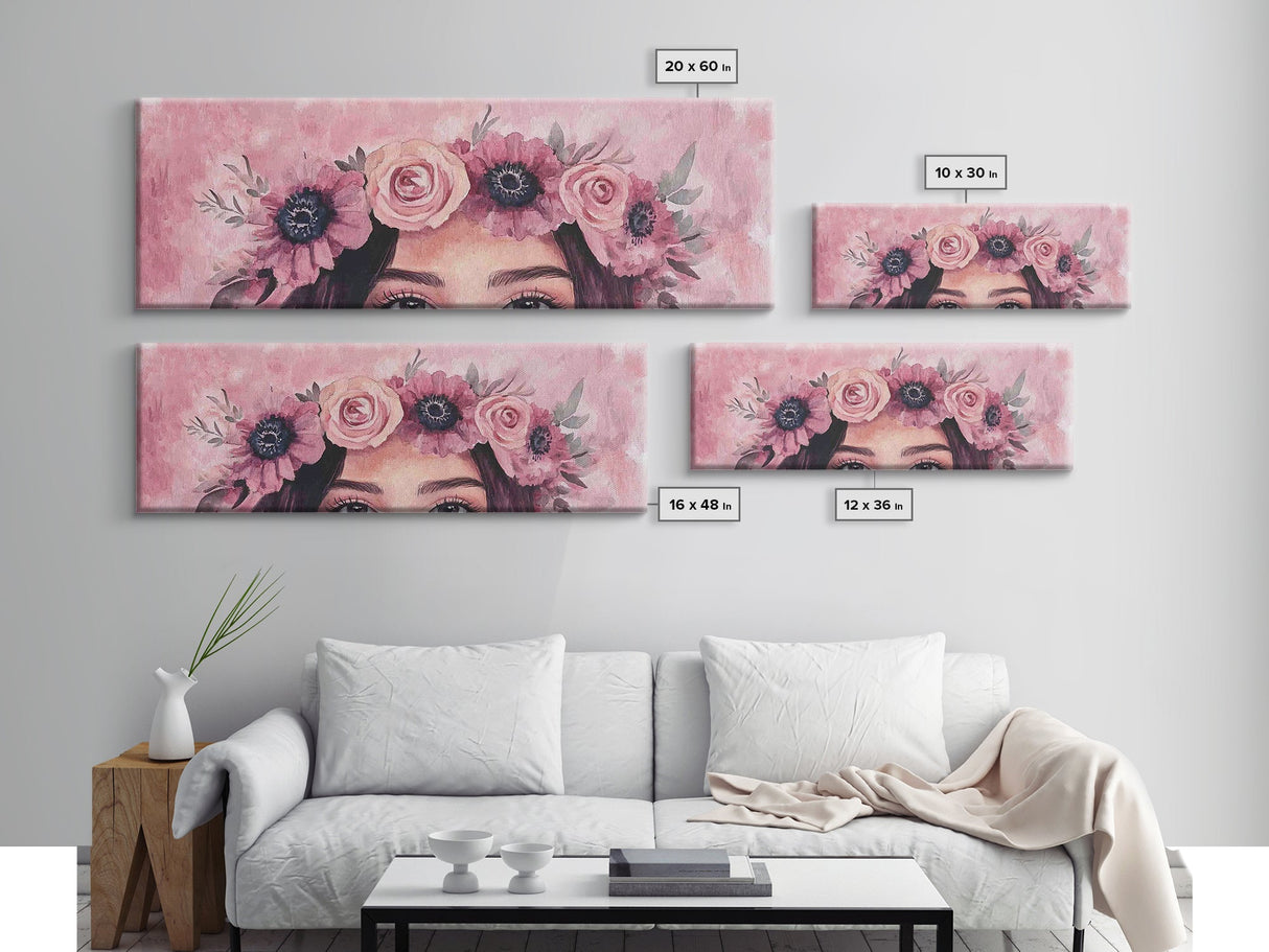 Floral Crown Canvas Print Pink Rose Painting Goddess Art Print Feminine Wall Art Botanical Artwork Whimsical Framed Bedroom Art
