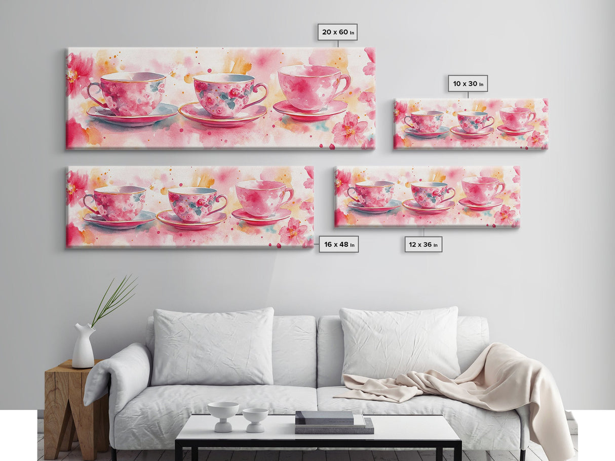 Pink Teacup Canvas Print Feminine Whimsical Kitchen Art Horizontal Pink Artwork Vintage Rustic Wall Art Living Room Framed Art