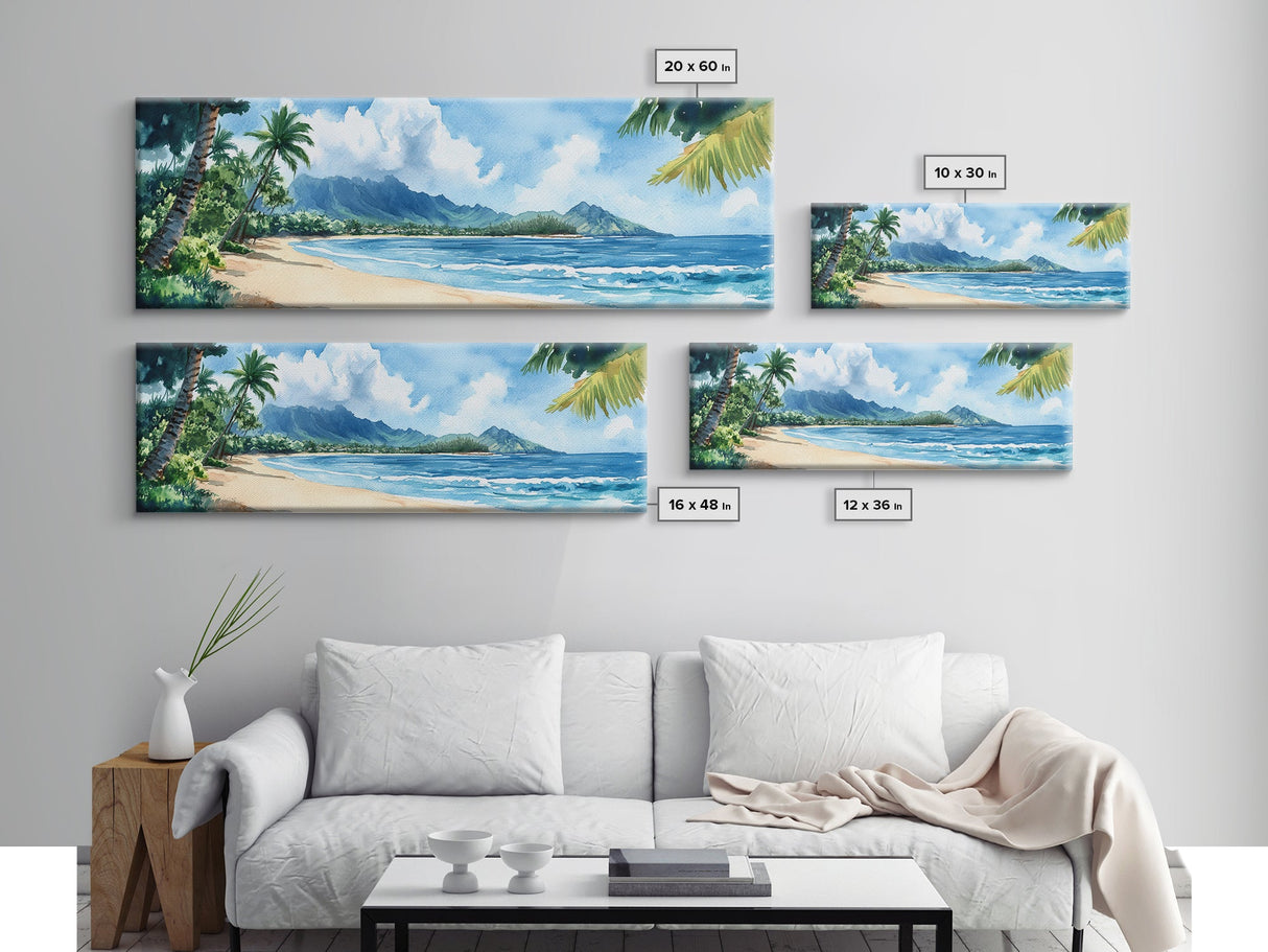 Serene Coastal Landscape Framed Canvas Print - Vibrant Hawaii Art, Nautical Beach Wall Decor, Panoramic Ocean Painting, Living Room Art