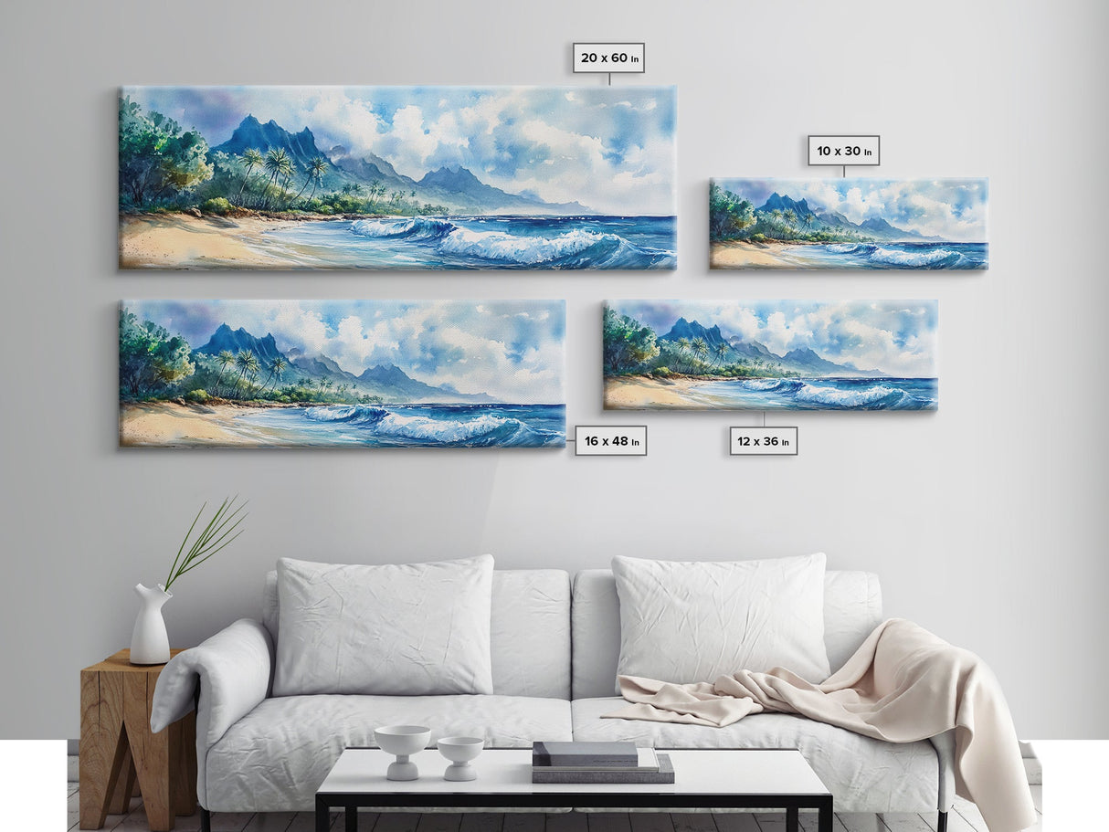 Moody Coastal Seascape Framed Canvas Print - Hawaii Ocean Landscape Painting, Nautical Wall Art, Extra Wide Beach Bedroom Art Decor