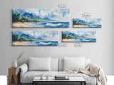 Moody Coastal Seascape Framed Canvas Print - Hawaii Ocean Landscape Painting, Nautical Wall Art, Extra Wide Beach Bedroom Art Decor