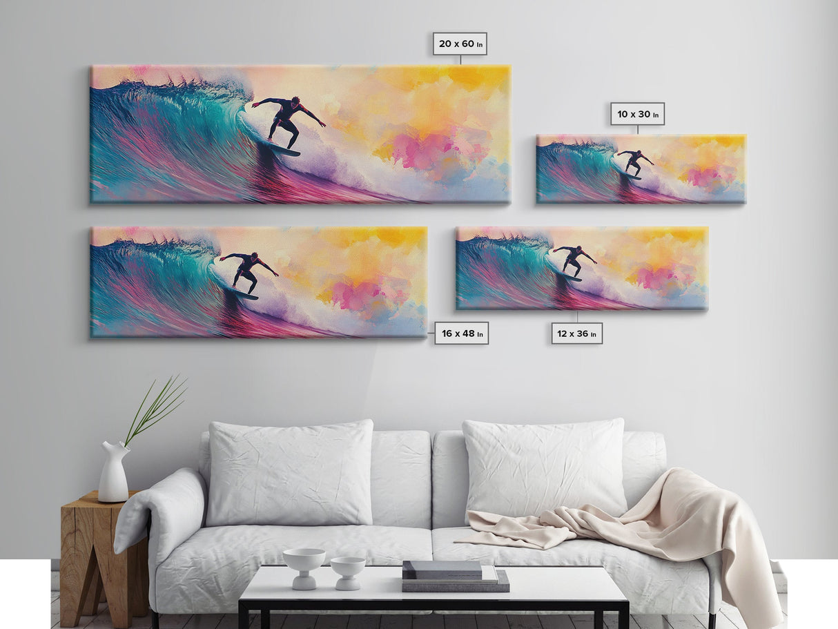 Framed Canvas Print of Vibrant Surf Wall Art with Pink Orange Waves, Coastal Decor, Nautical Painting, Gift Idea, Above Sofa Art