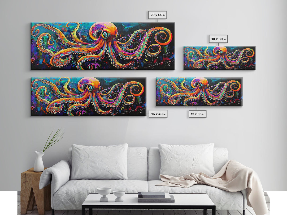 Octopus Art Canvas Print with Bright Neon Colors, Whimsical Art, Coastal Decor, Nautical Wall Art, Tall Skinny Art, Above Bed Wall Art