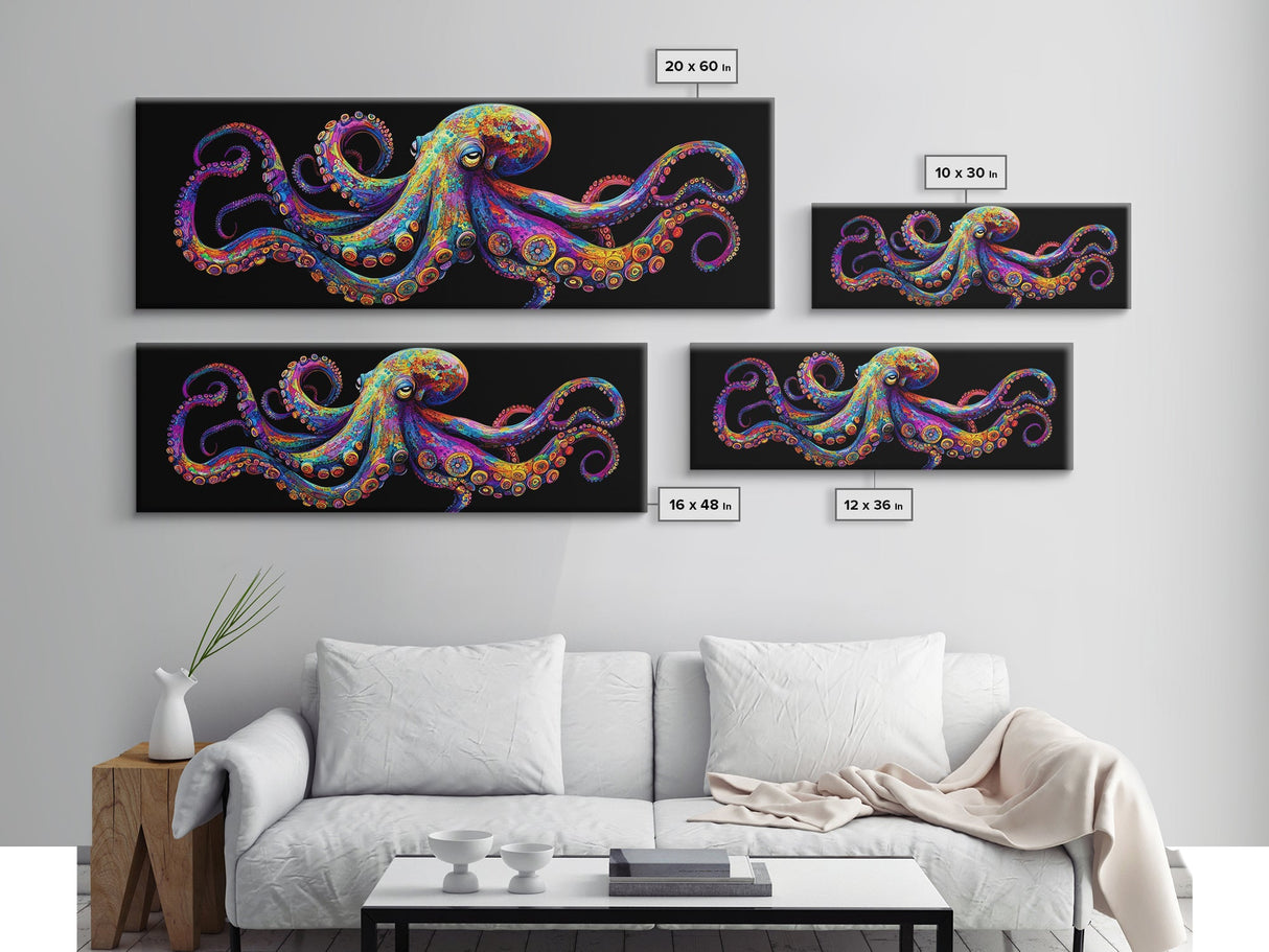 Vibrant Octopus Art Canvas Print Coastal Decor Nautical Wall Art Gift Idea Underwater Ocean Life Abstract Extra Wide Horizontal