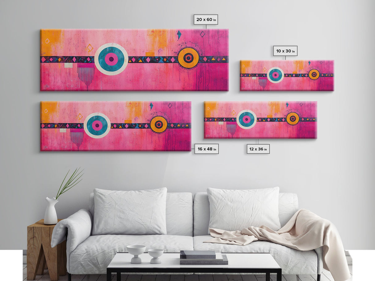 Pink Geometric Abstract Canvas Print Modern Wall Art Whimsical Boho Design Minimalist Art Long Narrow Extra Wide Statement Piece