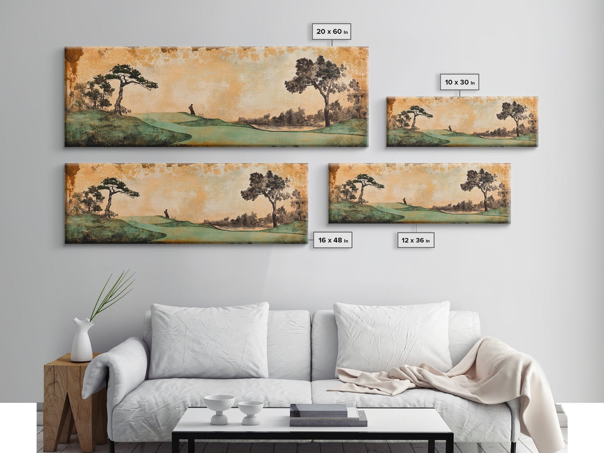 Japanese-Inspired Golf Scene Framed Canvas Print – Rustic Decor, Golf Art, Panoramic Art, Horizontal Wall Art, Gift Idea For Him