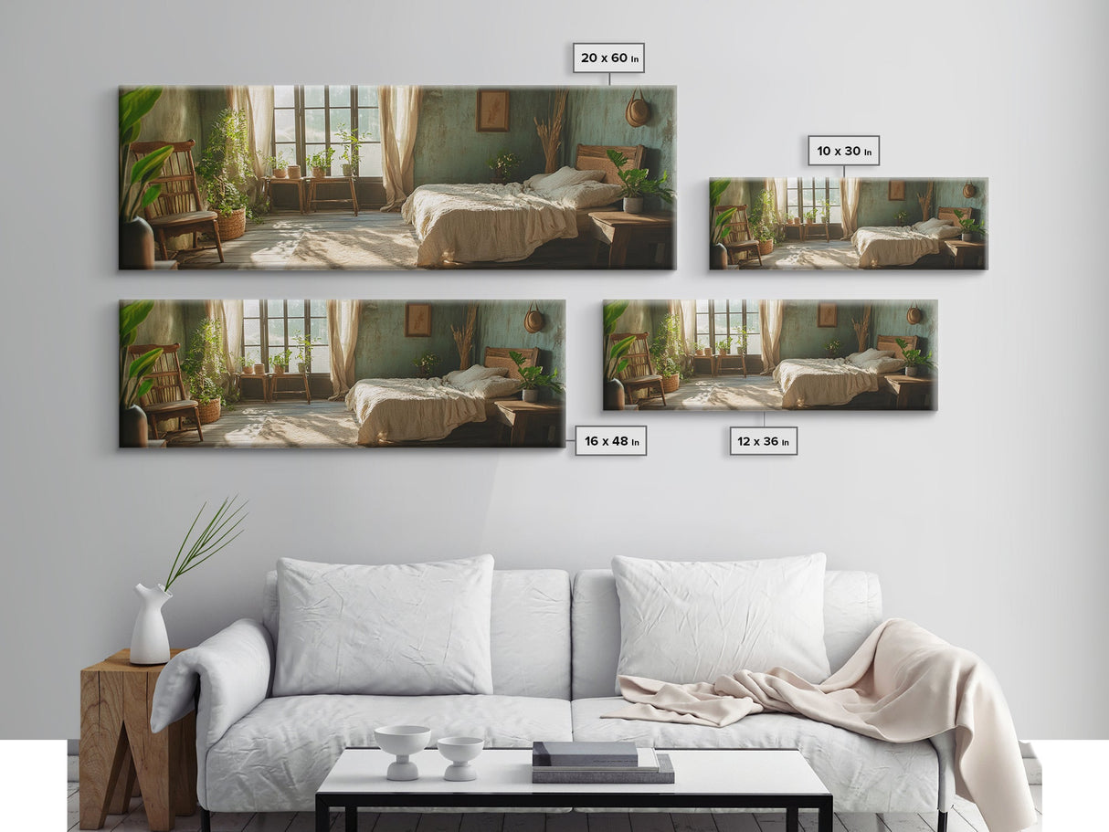 Minimalist Bedroom Serenity Framed Canvas Print, Wabi Sabi Botanical Art, Rustic Farmhouse Bedroom Decor, Light Filled Sage Green Artwork