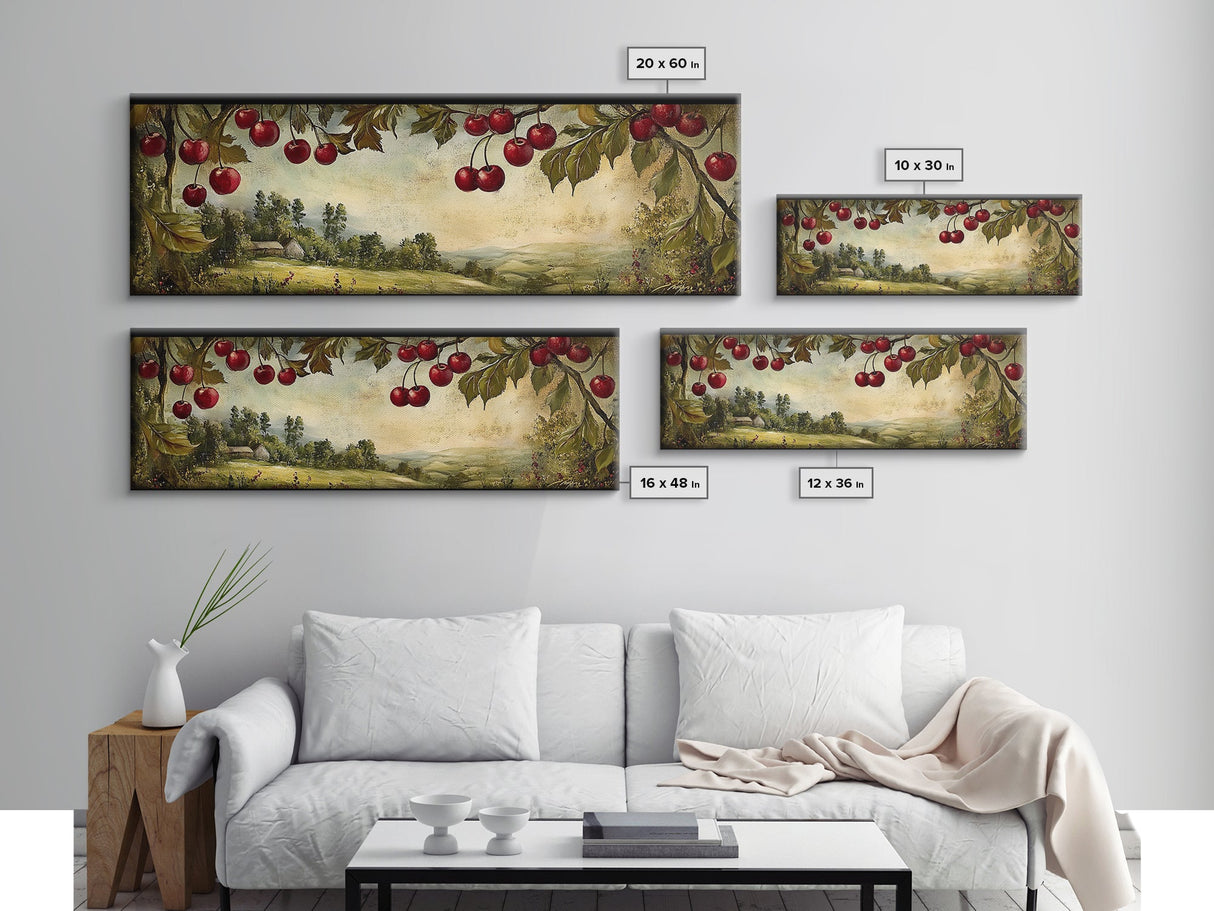 Framed Canvas Print Cherries Wall Art Panoramic Rustic Decor Living Room Horizontal Landscape Art Farmhouse Gift Idea Painting