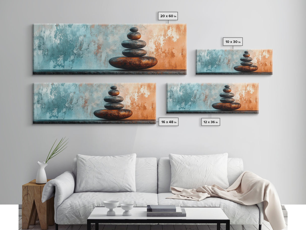 Textured Zen Framed Canvas Print Sand Patterns Stacked Stones Modern Wabi Sabi Minimalist Decor Bedroom Art Idea