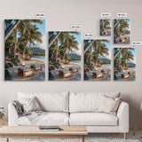 Vibrant Palm Tree Beach Framed Canvas Print – Coastal Decor Wall Art, Hawaiian Landscape Painting, Tropical Nautical Wall Art