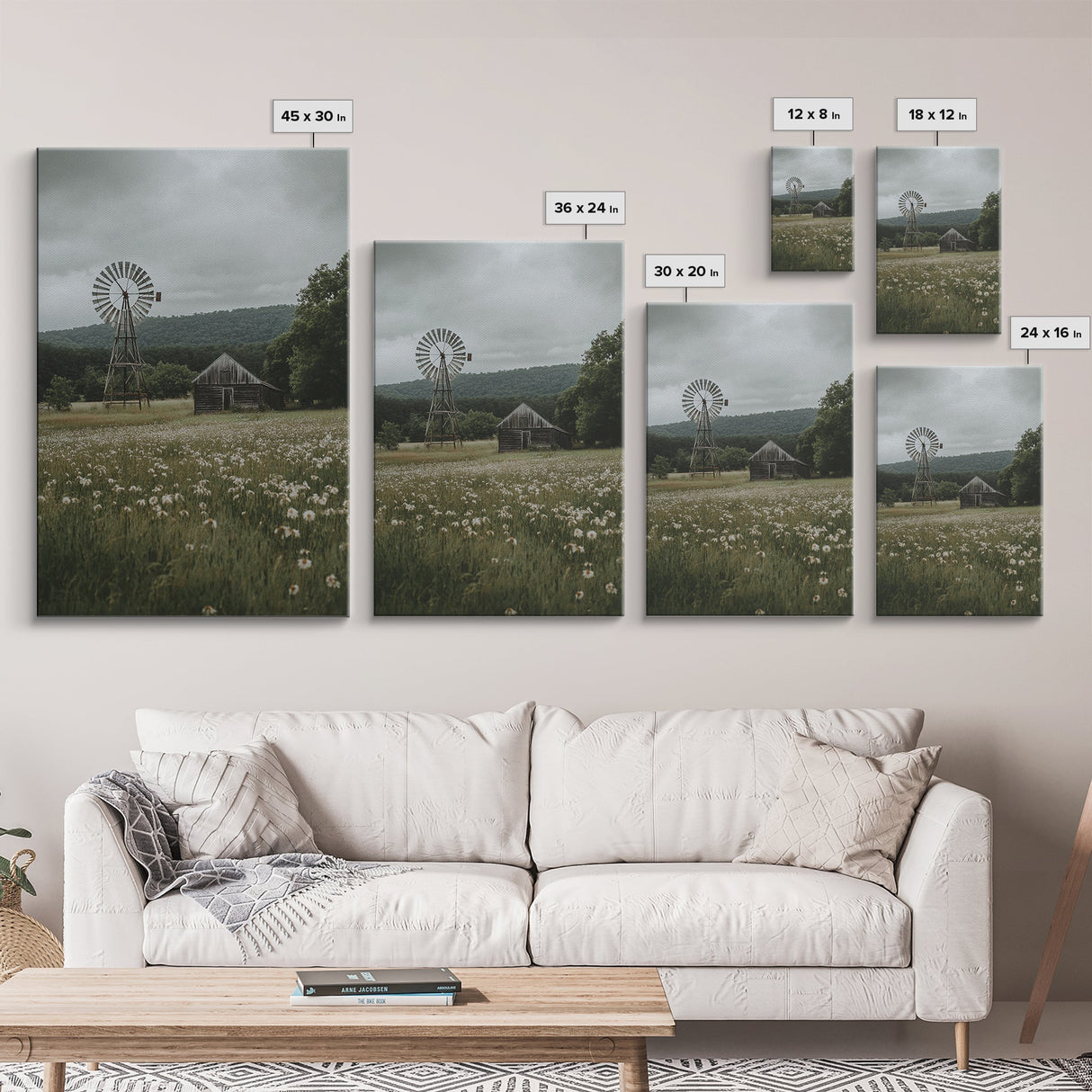 Framed Canvas Print Windmill Wall Art Rustic Barn Landscape Farmhouse Decor Above Couch Country Artwork Gift Idea Living Room Art