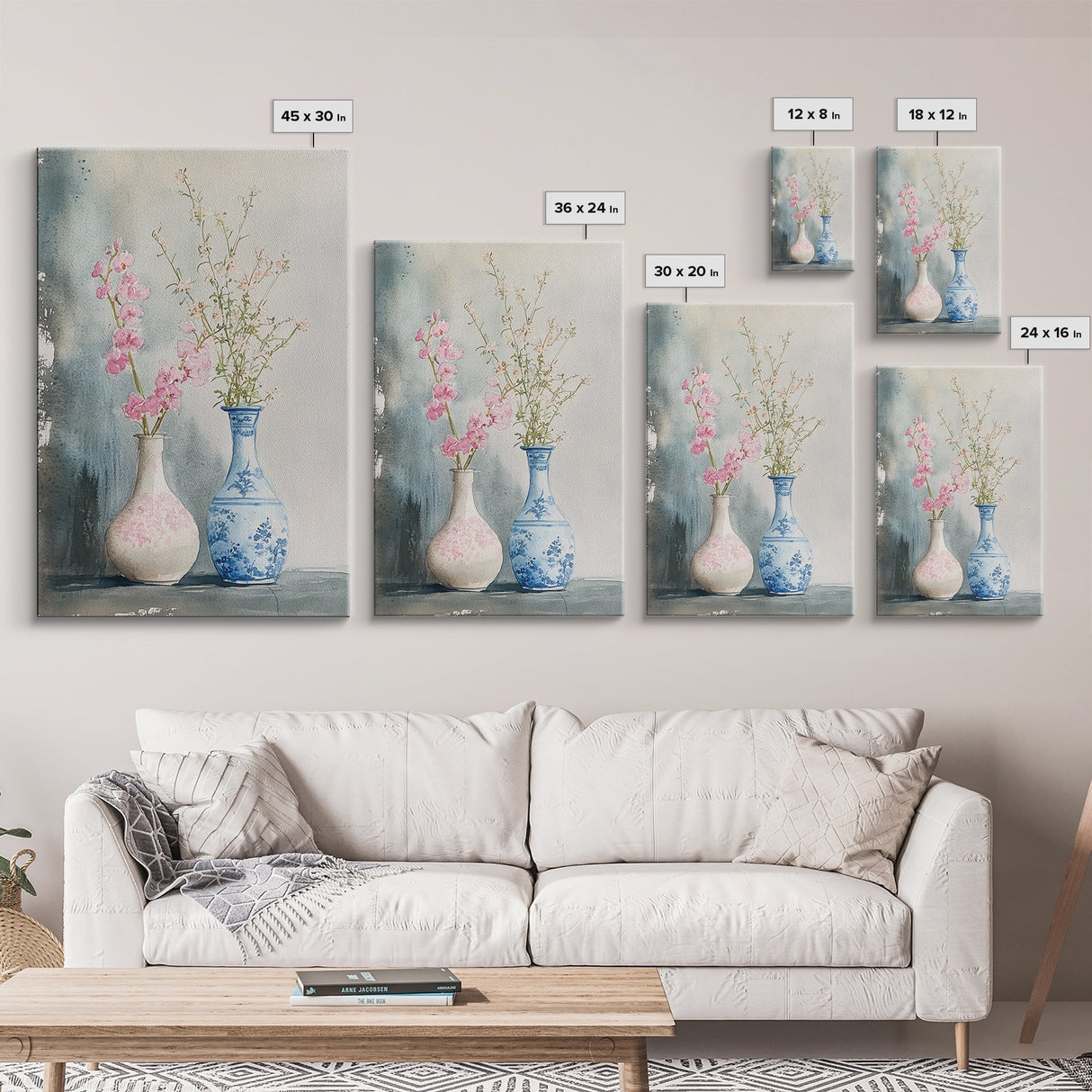 Delicate Vases Framed Canvas Print Wildflower Painting Botanical Prints Minimalist Art Light Pink Wall Art Rustic Decor Gift Idea